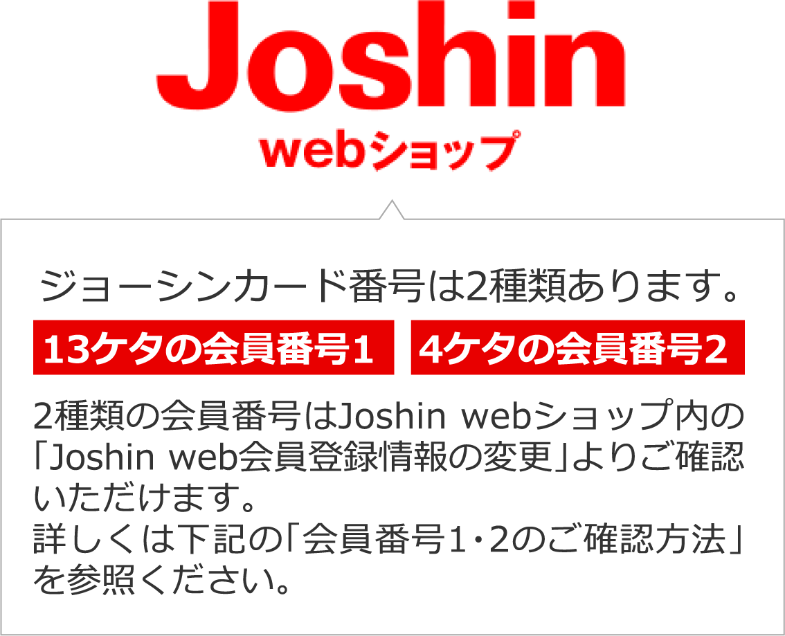 ジョーシンカード番号は2種類あります。13ケタの会員番号1／4ケタの会員番号2 2種類の会員番号はJoshin webショップ内の「Joshin web会員登録情報の変更」よりご確認いただけます。詳しくは下記の「会員番号1・2のご確認方法」を参照ください。